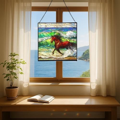 Dark Bay Thoroughbred Horse galloping along wind-cut shore Square Suncatcher – Stained Glass Style Window Panel with Pastoral Scene, Custom Decorative Hanging Art for Equestrian Home, Christmas TqsAq5 - Image 6