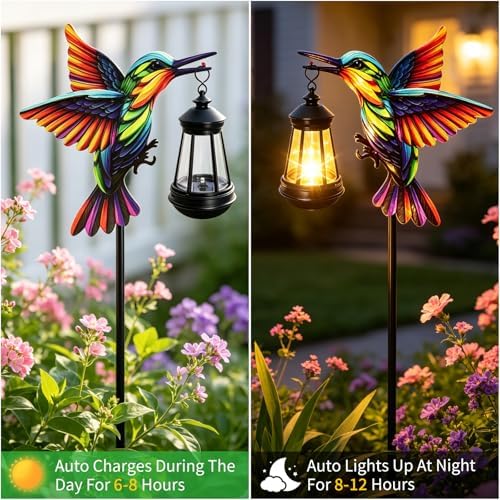 2 Pack Solar Lights Outdoor Hummingbird Garden Stakes with Solar Lanterns - Image 4