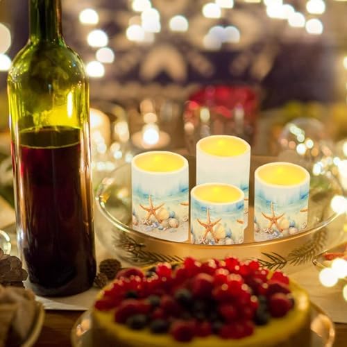 4 Pack 5.7" x 3" Battery Operated Candles with Timer Flameless LED Candles with Remote for Outdoor Porch Electric Fake Plastic Pillar Lights Bulk, Coastal Starfish - Image 4