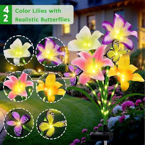 6 Pack Solar Garden Lights LED Solar Lilies Flower Lights, Yard Patio Pathway Decoration High Flexibility Copper Wire Handmade Silk Artificial Flowers Never Wither, Gift for Family, Friends - Image 2