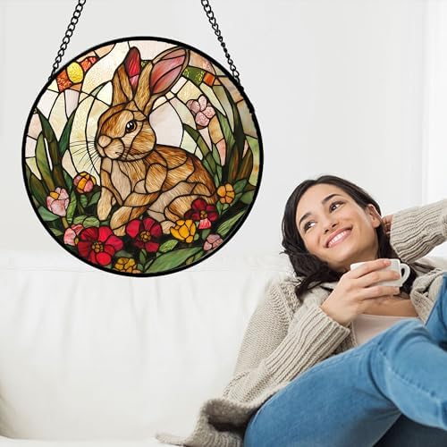 Rabbit Stained Glass Window Hanging Easter Suncatcher Gifts for Women 15" - Image 2