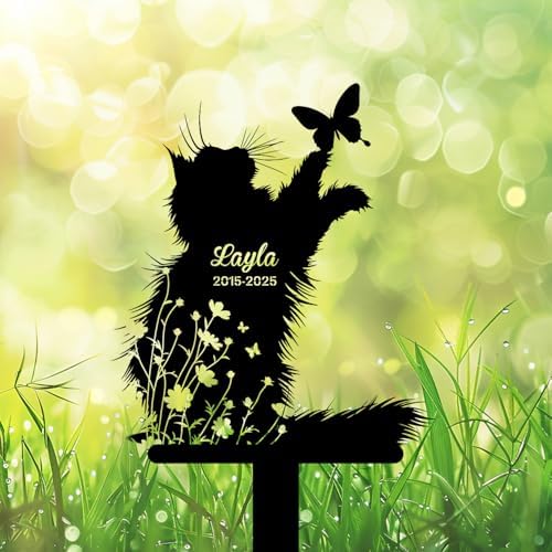 Custom Longhair Cat Memorial Stake, Cat Playing with Butterfly Grave Marker, Personalized Pet Loss Gift Metal Garden Plaque (Cat Playing with Butterfly) - Image 2