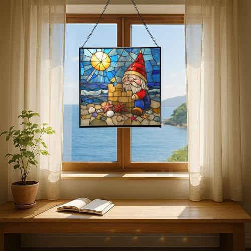 Beach Day Gnome Stained Glass Suncatcher – Square Hanging Window Panel for Home or Greenhouse – Whimsical Glass Art Gift for Garden Lovers, Christmas, Halloween, Father Days GWNf1E - Image 6
