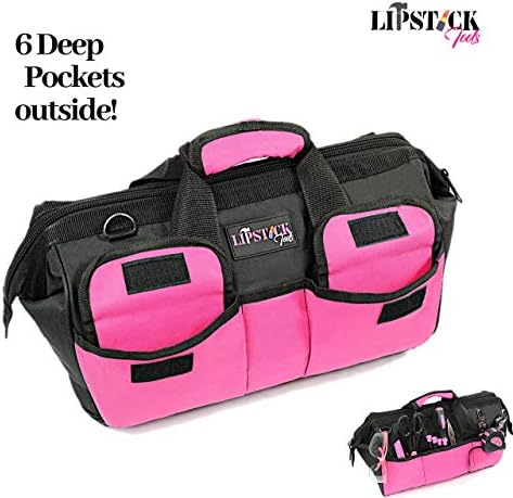 18-Inch Multi-Purpose Zip-Top Pink Storage Wide Mouth Tool Bag Organizer. Great for Home Improvement/Contractors Tools. Heavy Duty Storage Pockets and Shoulder Strap. - Image 6