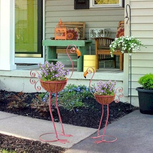 COOZZYHOUR Metal Flamingo Planter with Basket -Garden Bird Planters for Outdoor Indoor Lawn,Yard,Porch,Patio, Garden Decorations（Set of 2） - Image 2