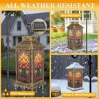 Stained Glass Style Solar Lantern Outdoor Garden Hanging Lantern Colorful Sunflower Stained Glass Lavender Green Waterproof Solar Powered Lighting Outside Table Lamp for Patio Deck Yard Camping - Image 3