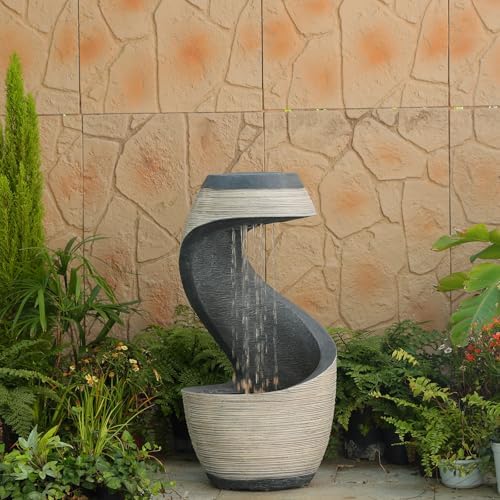 37" S-Shaped Outdoor Water Fountain with LED Lights, Modern Resin Cascading Waterfall Feature for Garden, Patio, Backyard or Porch, Large Decorative Zen Water Feature – 21" L x 21" W x 37.9" H - Image 4