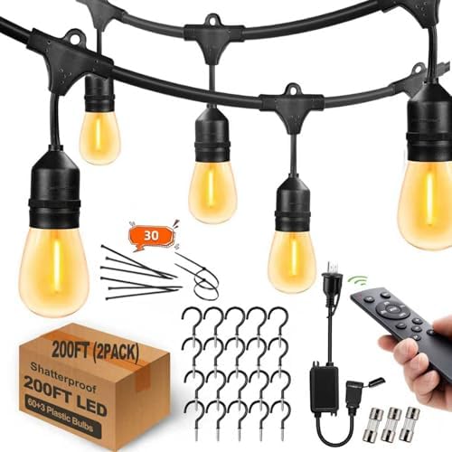 Remote Control Outdoor String Lights 200FT for Outside Patio Lights Waterproof with 63 Replaceable S14 Bulbs for Bistro Pergola Porch Backyard Dimmable, 2200K, Linkable, Hooks, Zip Ties included by YuHooLamp