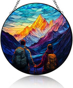 Stained Glass Window Ornaments, Two Hikers on Mountain Painted Suncatchers, Patio Decor, Outdoor Garden Decor, Balcony Decor, Beach House Decor, Glass Art, 9.8 Inch by Unknown