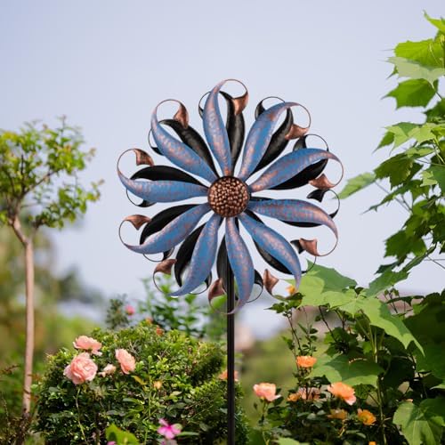 VEWOGARDEN Wind Spinners Outdoor, Metal Kinetic Wind Spinner with Flower Design for Yard Garden Lawn Decorations, Dark Blue - Image 2