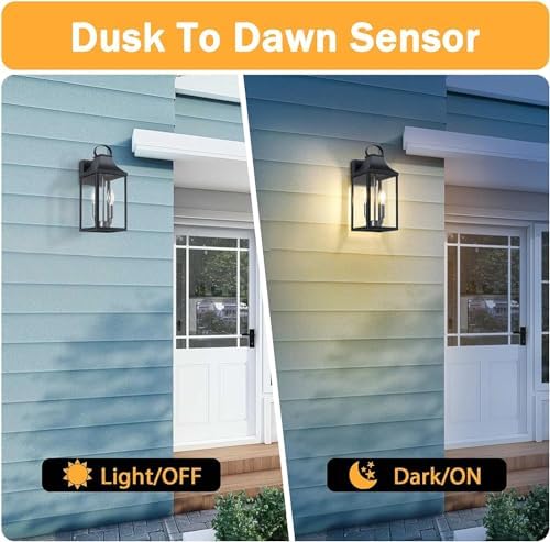 15" Dusk to Dawn Black Outdoor Wall Lantern 2-Light, Black - Image 3