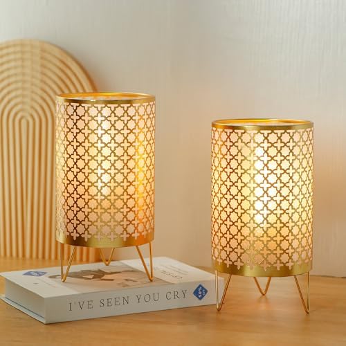 TRIROCKS Set of 2 Battery Operated Lamp 9'' High Cordless Table Lamp Battery Powered Lanterns with 6H Timer for Home Living Room Weddings Parties Patio Events Outdoors Indoors Shelf(Gold) by TRIROCKS
