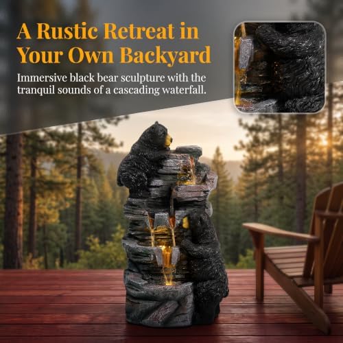 26.38" Bear Waterfall Fountain with LED Lights, Resin Outdoor Water Fountain with Cascading Rock Design, Wildlife Garden Fountain for Patio, Backyard, Porch & Yard, Black and Gray - Image 4