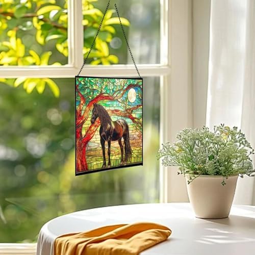 Black Horse Standing Beneath Ancient Tree Square Suncatcher – Stained Glass Style Window Panel with Pastoral Scene, Custom Decorative Hanging Art for Equestrian Home, Christmas vR93jU - Image 3