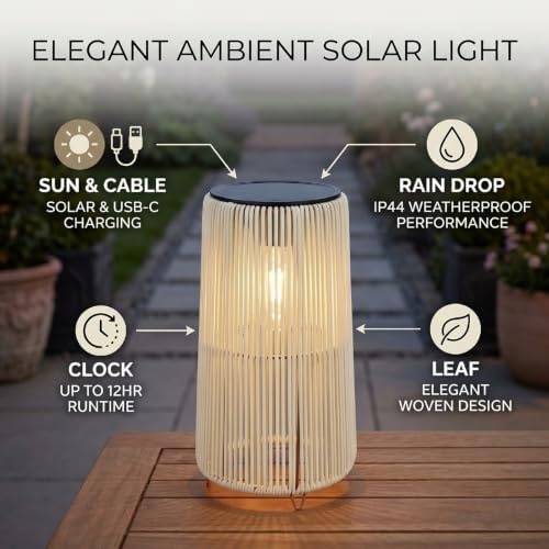 Luocute Solar Lantern Outdoor, IP44 Rainproof Rattan Decorative Light with Vintage Style for Garden Patio Yard, Grandma Hanging Solar Lights Outdoor Handwoven Rattan Garden Decor (Trapezoid White) - Image 5