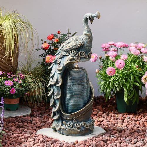 Tankana Peacock Outdoor Water Fountain 32" H Cascading Waterfall Fountain with LED Lights & Pump Tiered Water Feature for Garden, Patio, Backyard, Deck, and Porch Decor, Bronze by Tankana