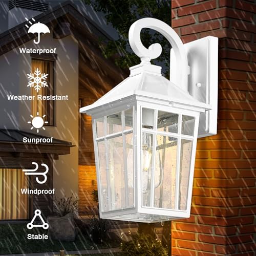 Darkaway Outdoor Wall Lights for House, Exterior Lighting Fixtures Wall Mount Outdoor Porch Lights Waterproof White Outdoor Sconce Lights with Seeded Glass for Patio Hallway Garage,2 Pack - Image 6
