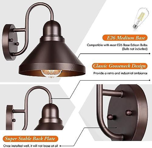 Brightever Gooseneck Porch Lights Outdoor, 2-Pack Farmhouse Exterior Barn Light Fixtures, Waterproof Industrial Brown Patio Wall Lamps for Garage, E26 Base Anti-Rust, Bulb not Included - Image 3