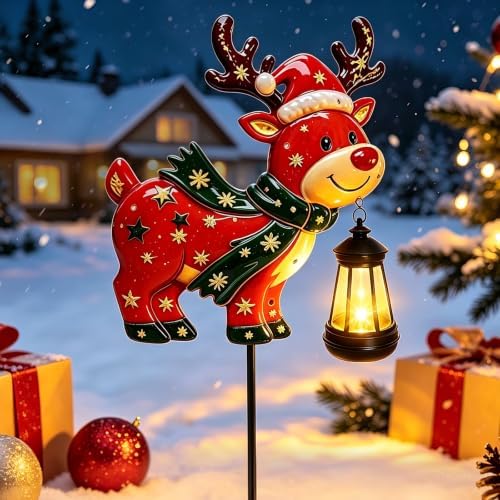 Solar Christmas Deer Stake with Lantern, Metal Solar Lights Garden Decor by VOOKRY