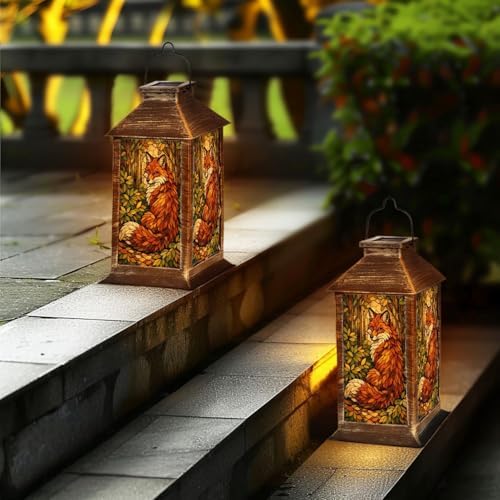Solar Lantern Fox Stained Glass Style Forest Leaves Warm Autumn Colors Outdoor Waterproof Hanging Solar Light Outside Lights for Patio Yard House Lawn Decor Birthday Gifts for Women Mom - Image 6