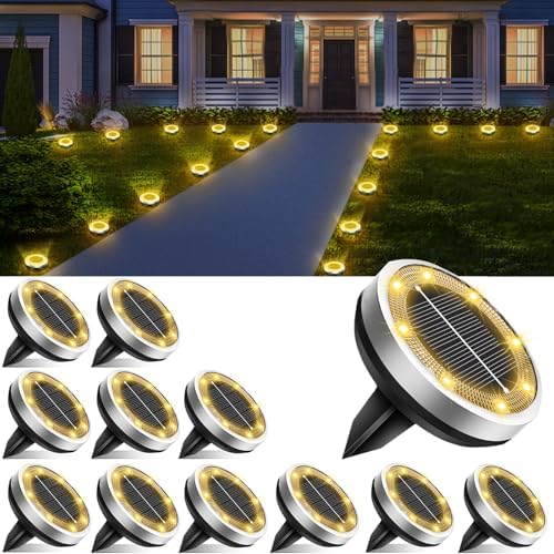 Solar Lights Outdoor Waterproof, 12 Pack 8 LED, Thickened Stainless Steel Ground Light, Solar Garden Lights Landscape Lighting for Patio Pathway Lawn Yard Deck Driveway Walkway, Warm White by Lightkeeys