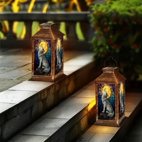 Solar Lantern Stained Glass Wolf Howling Moon Autumn Forest Wildlife Art Outdoor Waterproof Hanging Solar Light Outside Lights for Patio Yard House Lawn Decor Birthday Gifts for Women Mom - Image 6