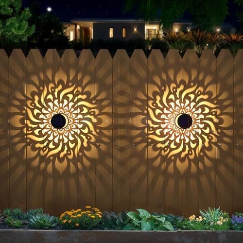 4 Pack Solar Fence Lights Metal Solar Powered Outdoor Wall Deck Step Lights Mandala Theme Waterproof Fence Light for Garden Post Patio Backyard Yard Decor, Gardening Gifts for Women Mom Grandma by twinkya