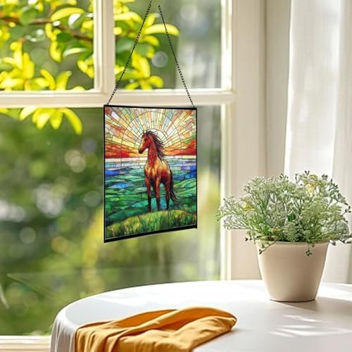 Bay Lusitano Horse Standing ATOP Hill at Sunset Square Suncatcher – Stained Glass Style Window Panel with Pastoral Scene, Custom Decorative Hanging Art for Equestrian Home, Christmas OoBNMO - Image 3