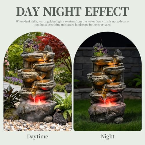 Water Fountain Outdoor,Corded Electric 6-Tier Cascading Rock Waterfall with LED Lights,Garden Fountain with Built-in Pump & Water Circulation,Weather-Resistant Resin for Patio (26.5) - Image 3