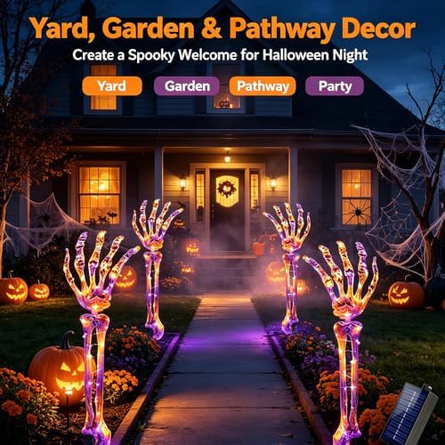 Solar Halloween Pathway Lights Outdoor - 5Pack Lighted Skeleton Arm for Outdoor Walkway Yard Garden Decorations, 250 LEDs Purple and Orange Halloween Solar Pathway Stake Lights Decor, 8 Modes - Image 4