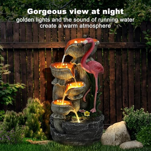 Outdoor Water Fountain - 5 Tier Floor-Standing Cascading Garden Fountain, 25" H Indoor/Outdoor Flamingos Water Fountains with 5 LED Lights for Garden, Patio, Backyard and Home - Image 2