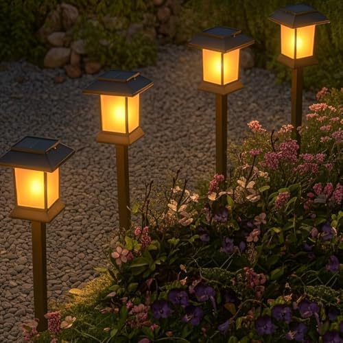 6Pack Solar Pathway Lights Outdoor with Flickering Flame, IP65 Waterproof, Solar Flame Lights with Hook, Upgraded 1000mAH Battery, Up to 12Hrs, Auto On/Off, Decor for Garden, Walkway by GLOSOLA