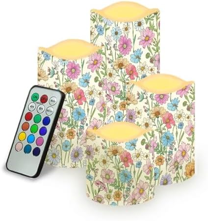 Pink Blue Floral Electric Fake Candles Battery Operated with Remote Timer Flickering Flameless Candles Set of 4 LED Pillar Battery Powered Candles for Home Decor Outdoor Festival Decor by Uorisanigo