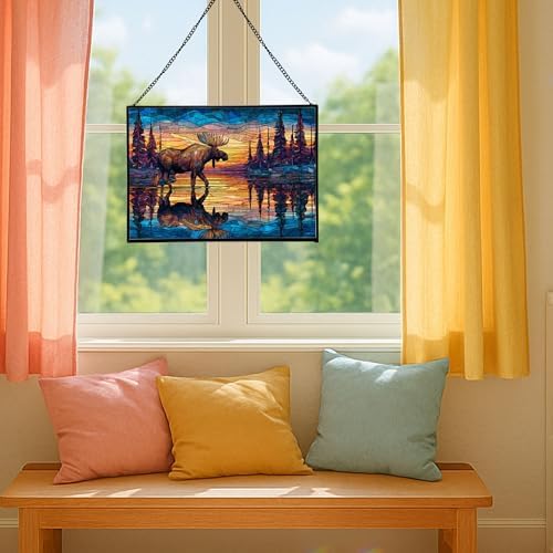 Moose Wading Through Shimmering Lake Rectangular Stained Glass Suncatcher – Hanging Window Panel with Animal & Nature Scene – Vibrant Glass Art Gift for Wildlife, Fantasy, Nature Lovers OAlBEX - Image 5