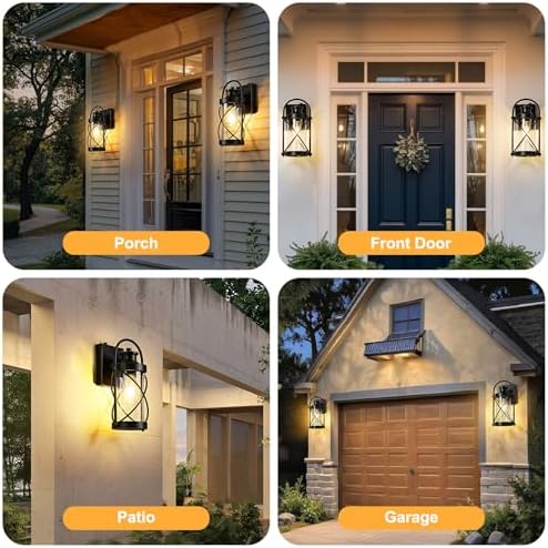 Dusk to Dawn Outdoor Wall Lights Fixtures, Waterproof Exterior Lighting with Photocell Sensor, Vintage Black with Gold Trim Metal Cage Lantern, Outside Lights for House Porch Patio Garage, 2 Pack - Image 6