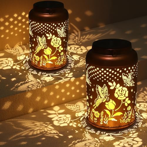 2 Pack Solar Lanterns Outdoor Waterproof, Butterfly Rose Garden Decor Birthday Gifts for Women Mom Grandma Hanging Solar Lights Metal Solar Decoration Outside for Yard, Patio, Lawn by Tepaken