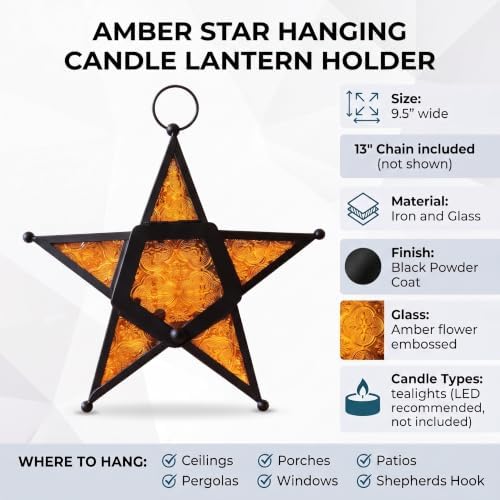 VELA LANTERNS Set of 2 Decorative Hanging Star Candle Lanterns – Moroccan Style Amber Glass & Metal Tealight Holders for Indoor, Outdoor, Patio, and Home Decor - Image 5
