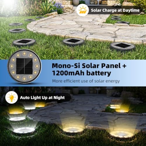 Peasur 5.18inch Solar Ground Lights Outdoor,12LED 3CCT 2Brightness 1200mAh Battery,IP65 Waterproof and ABS One-Piece Anti-Rust Housing Garden Lights for Pathway Lawn Yard Driveway Landscape 6 Pack - Image 4