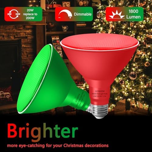 Gonhom PAR38 Flood Lights Outdoor,Dimmable LED Flood Light Bulbs,20W(Equivalent to 200W),E26 Base,Outdoor Porch,Holiday Lighting,LED Flood Light Bulb for Halloween,Christmas,4 Pack Red Green - Image 3