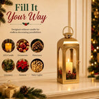 Christmas Decorative Lantern Gold Metal Candle Holder 16'' Tempered Glass - Image 3