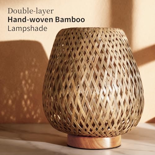 Boho Rattan Small Table Lamp with Double Layer Bamboo Woven Shade - Image 2