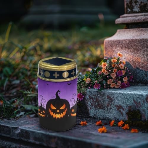 Poceacles Outdoor Solar Powered Cemetery Lights Grave Outdoor Stake Lights Garden Solar Lantern Flameless Candles Halloween Garden Decoration, Pumpkin Bat Print Violet, Pack of 4 - Image 3