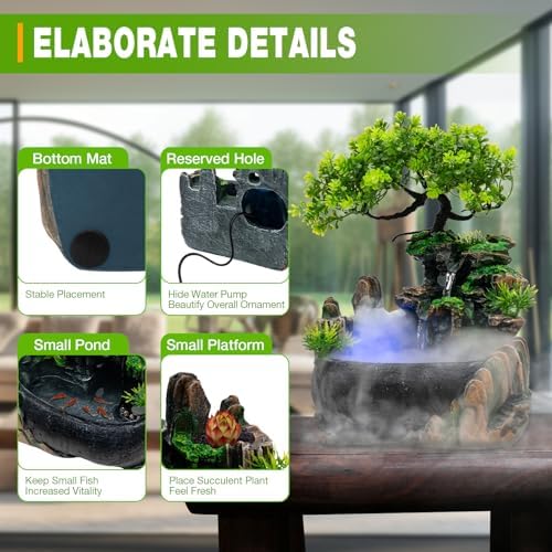 Waterfall Fountain Tabletop, Indoor Fountains Office Tabletop, Desktop Water Fountain with Atomizing Rockery & LED Waterfall, Resin Home Decor - Image 3