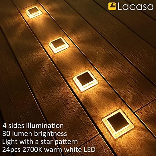 Lacasa Solar Deck Lights, 4 Pack 30LM LED Dock Light Warm White 2700K, Outdoor Solar Powered Step Light Up All Night IP68 Waterproof Auto ON/Off for Garden Stairs Driveway Pathway - Image 6