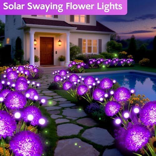 Solar Garden Lights, 8 Pack Solar Purple Swaying Firefly Lights with Flowers, Waterproof Purple Halloween Flowers Light Outdoor for Garden Patio Yard Fall Decoration, Gifts for Women Mother's Day - Image 5