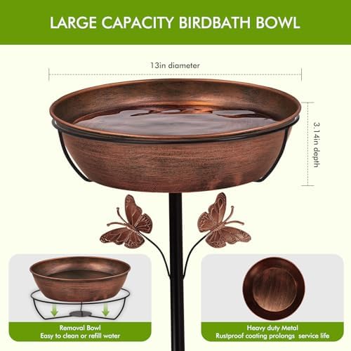 Metal Bird Bath Feeder for Outside – 3.14’’ Deep Birdbaths Bowl with Stable Stake & Upgraded 5-Pronged Base, 13’’ Dia Freestanding for Garden Yard Lawn Decor, 44’’ Tall Easy Clean 1.5 Gallon - Image 2