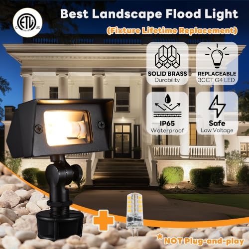Gardenreet Solid Brass Flood Light - Landscape Low Voltage LED Wall Wash Light, 12V Outdoor Hardwired IP65 Waterproof, Black Angle Adjustable Lighting for Garden Tree Yard Wall Without G4 Bulb - Image 2