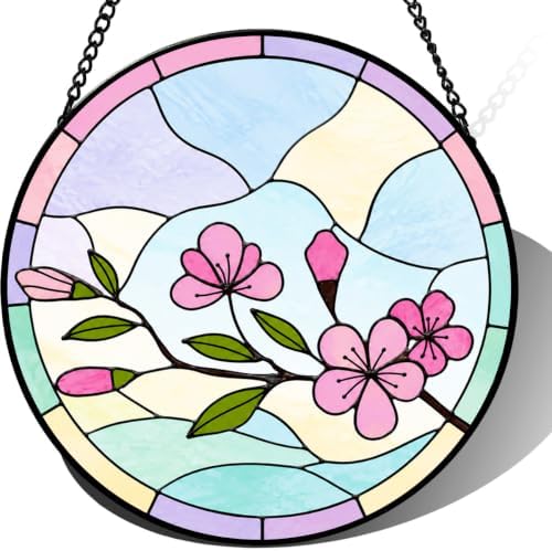 Stained Glass Suncatcher Pink Cherry Blossom Window Hanging Floral Art Glass Home Decor Wall Accent Mother's Day Birthday for Mom Grandma Wife Friend Her 9.8 Inch by Unknown