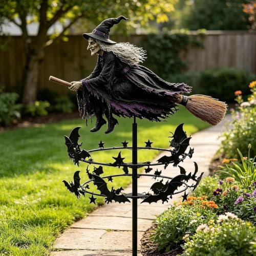 The Enchanted Witch Garden Wind Spinner, Metal Halloween Yard Art, Outdoor Garden Stake Decoration, Halloween Decorations Outdoor with Flying Witch Kinetic Bat Ring, for Garden Patio Pathway (1PCS) - Image 2