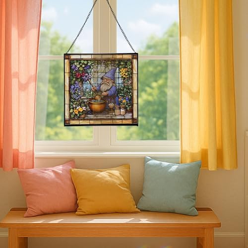 Gnome Making soap Stained Glass Suncatcher – Square Hanging Window Panel for Home, Garden, Nursery, Halloween, Christmas, Memorial Day – Whimsical Glass Art Gift for Gnome Lovers 03xua6 - Image 5